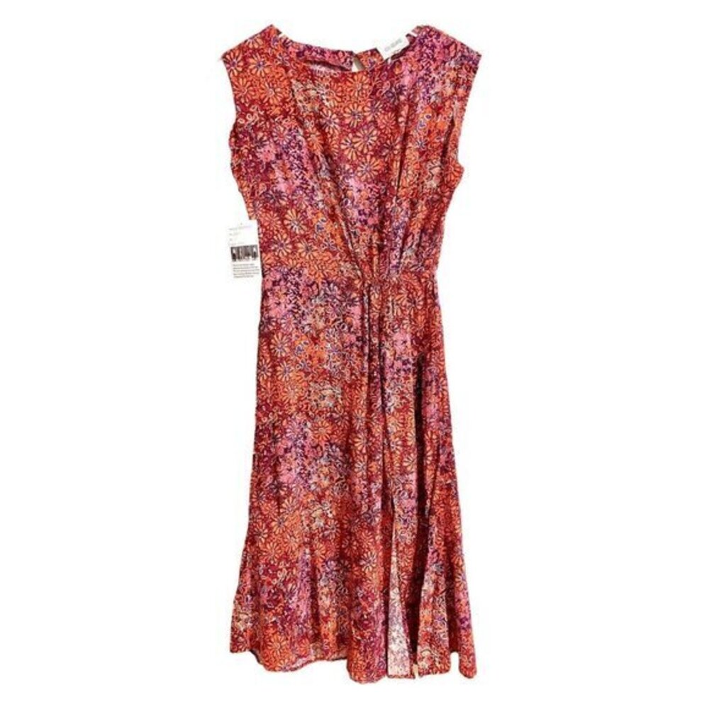 4Our Dreamers Anthropologie Red Floral Rayon Sun Dress High Slit SZ S New